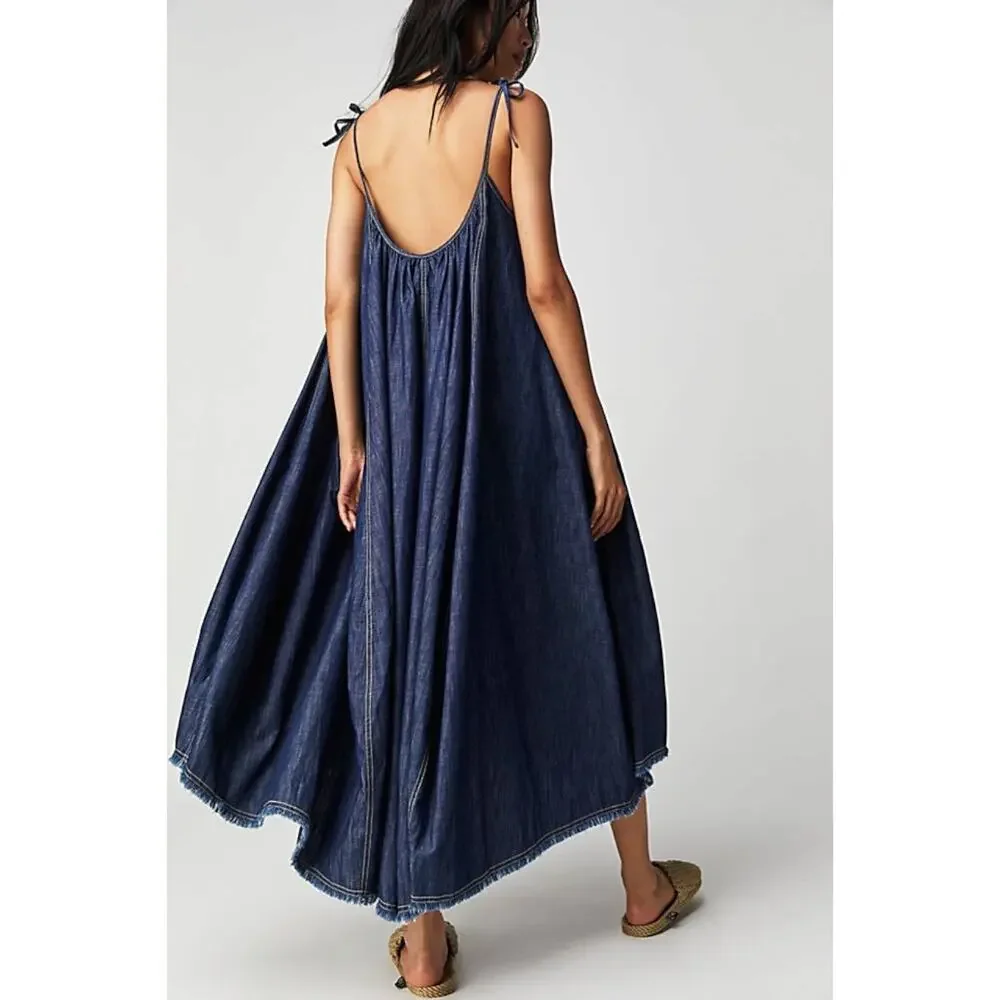 Free People Denim Dreams Midi Dress in 70s Blue Size XS Jean Jumper Retro NWT